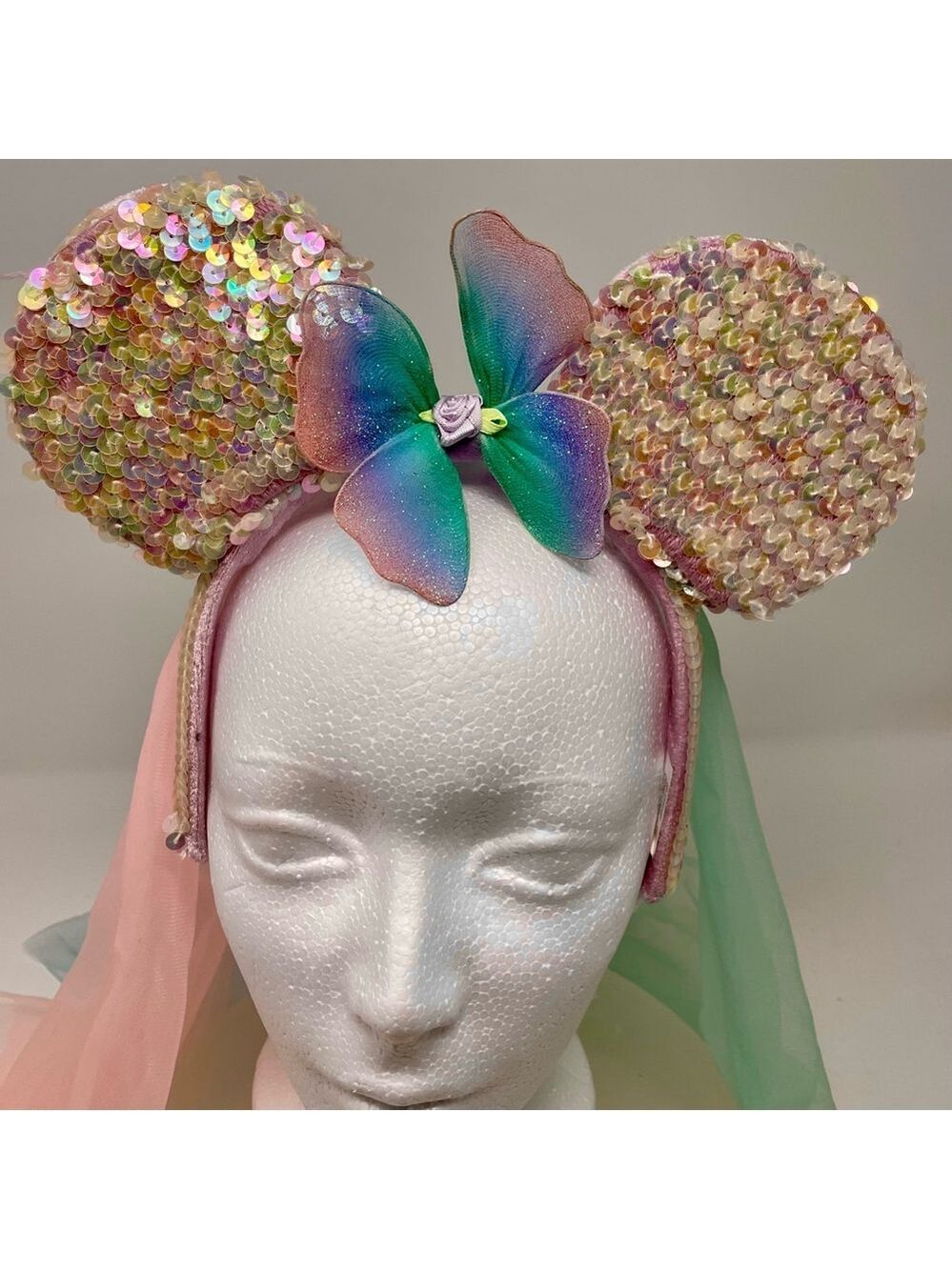 Authentic Disney Parks Sequin Minnie Ears with Rainbow Butterfly Veil